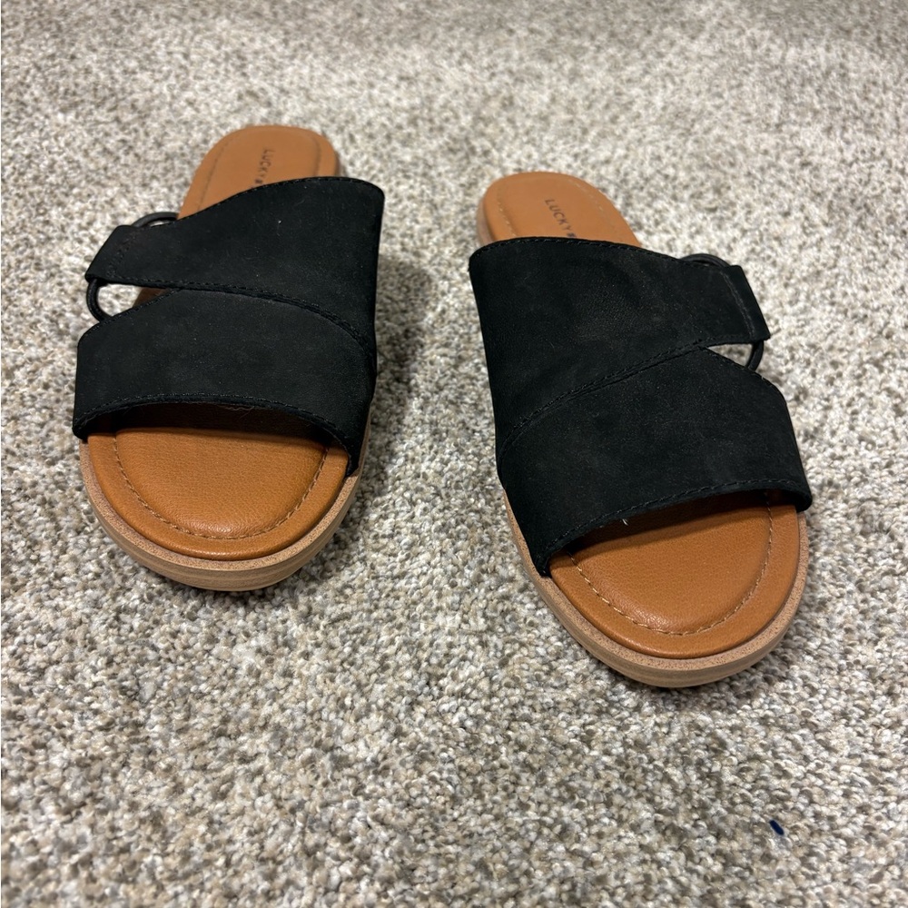 Lucky Brand Black and Tan Slide Sandals